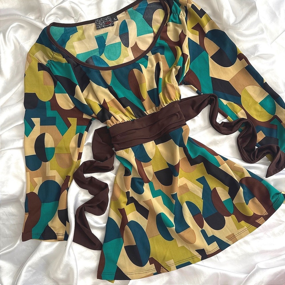 MKM Geometric Abstract Print Tunic Top Brown Teal Empire Waist Large